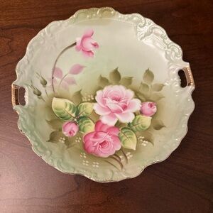 Vintage Lefton China Heritage Green Handled Cake Plate Pink Roses & Gold Trim 9”